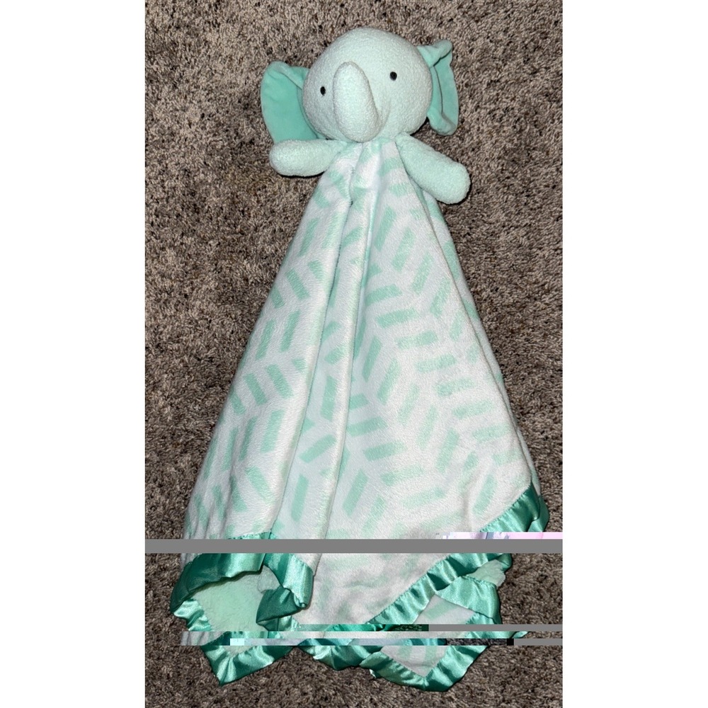 Cloud Island Elephant Blue Lovey White Security Blanket Teal Stripes Satin Large